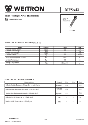 MPSA43 Datasheet PDF Weitron Technology