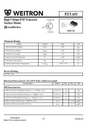 PZTA92 Datasheet PDF Weitron Technology