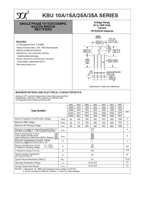 KBU15A Datasheet PDF Yangzhou yangjie electronic co., Ltd