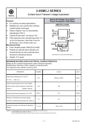 3.0SMCJ180A Datasheet PDF YENYO TECHNOLOGY Co., Ltd