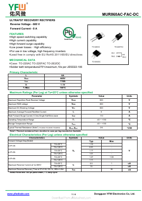 MUR860F Datasheet PDF DONGGUAN YOU FENG WEI ELECTRONICS CO., LTD