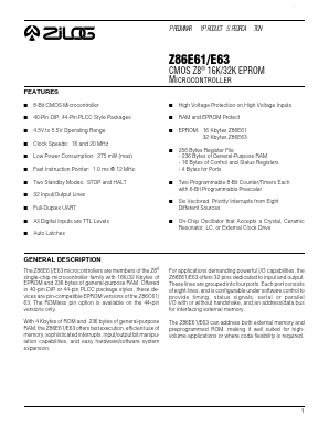 Z86E6316PSC Datasheet PDF Zilog
